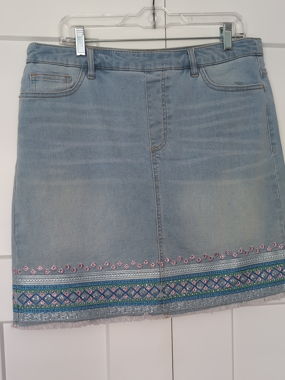 Tribal Jeans Light Wash Denim Skirt with Embroidered Hem Size 12